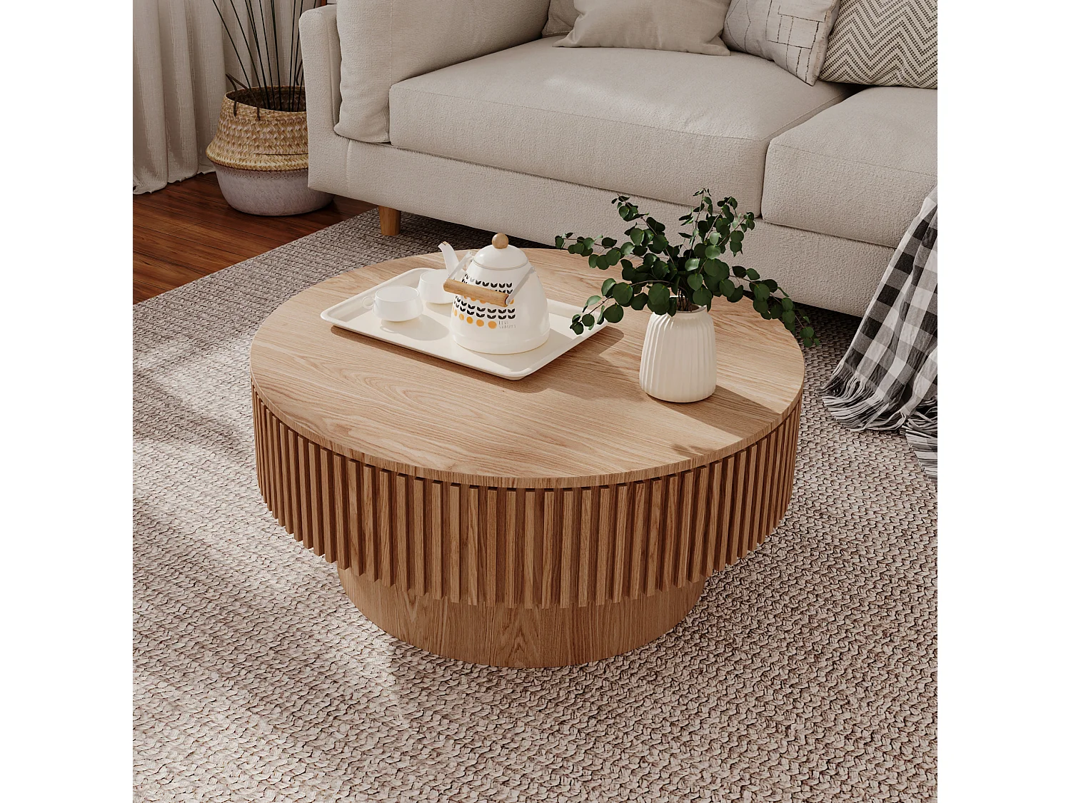 Mesa de centro redonda de 75 cm em madeira clara retro com espaço de arrumação - Tampo com textura de madeira
