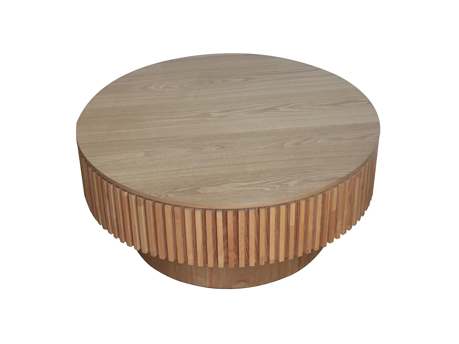 Mesa de centro redonda de 75 cm em madeira clara retro com espaço de arrumação - Tampo com textura de madeira