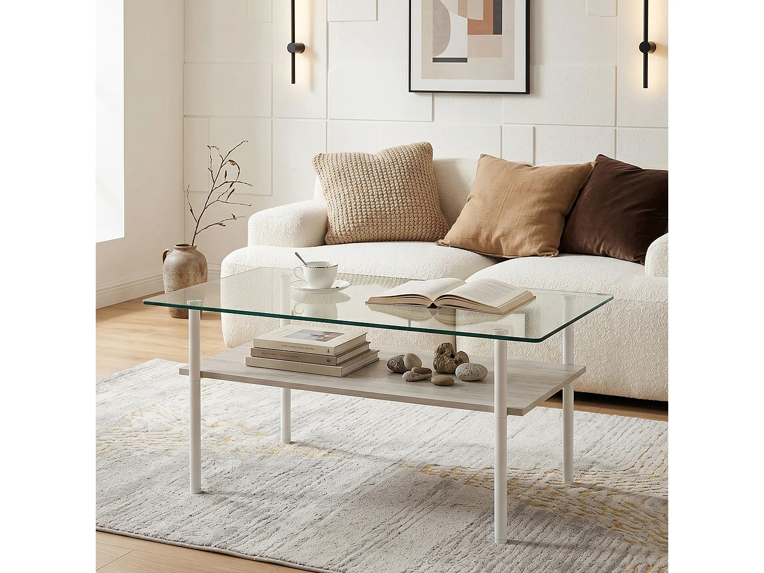 Tavolino moderno da 97,7 cm con vano contenitore - Piano in vetro - Bianco