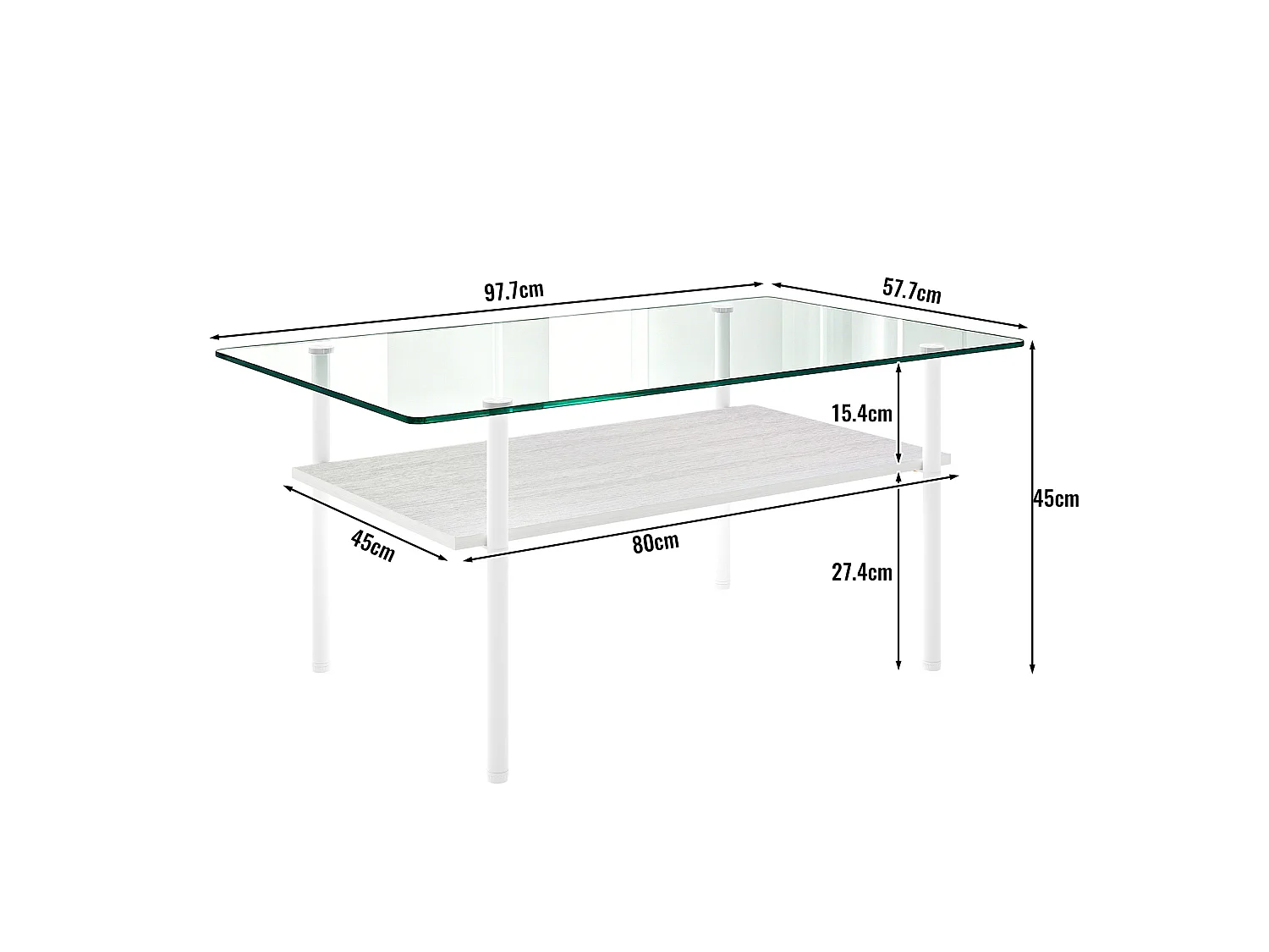 Tavolino moderno da 97,7 cm con vano contenitore - Piano in vetro - Bianco