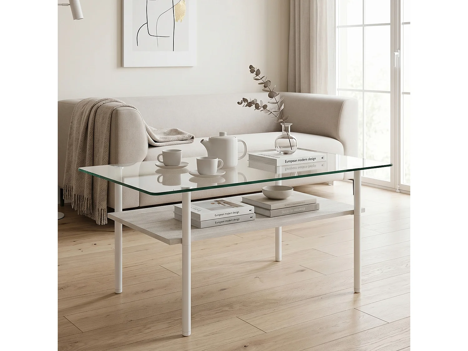 Tavolino moderno da 97,7 cm con vano contenitore - Piano in vetro - Bianco