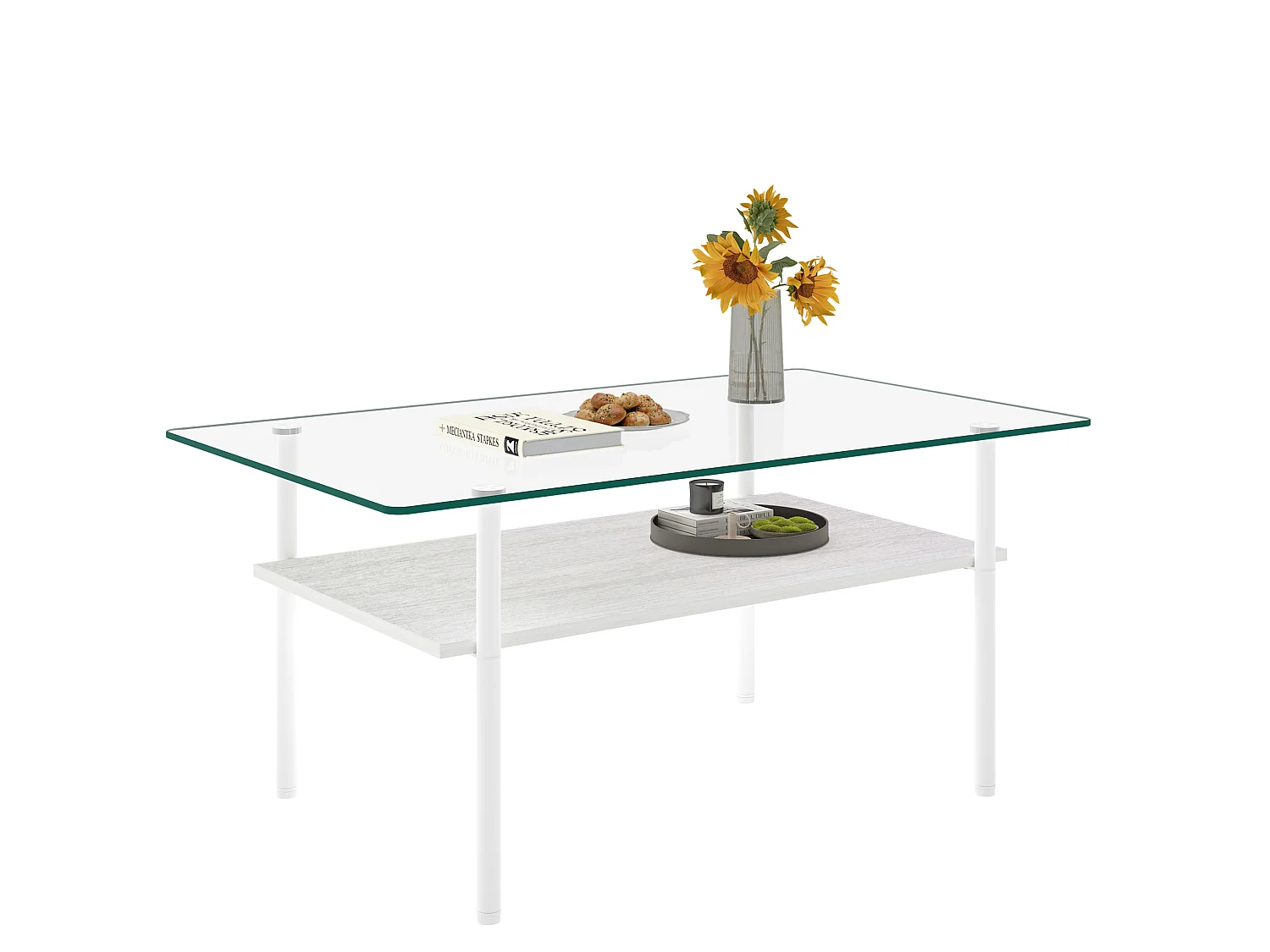 Tavolino moderno da 97,7 cm con vano contenitore - Piano in vetro - Bianco