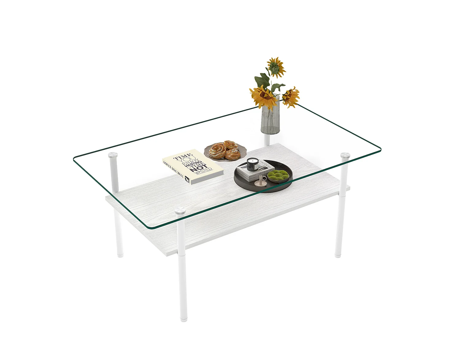 Tavolino moderno da 97,7 cm con vano contenitore - Piano in vetro - Bianco