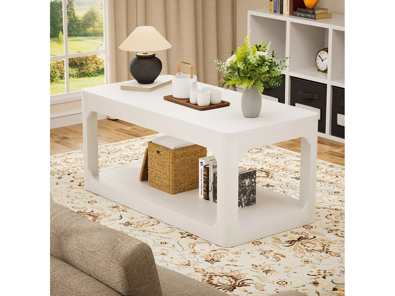 Mesa de centro branca de 100x50x44,5 cm com 2 níveis - Design simples e moderno