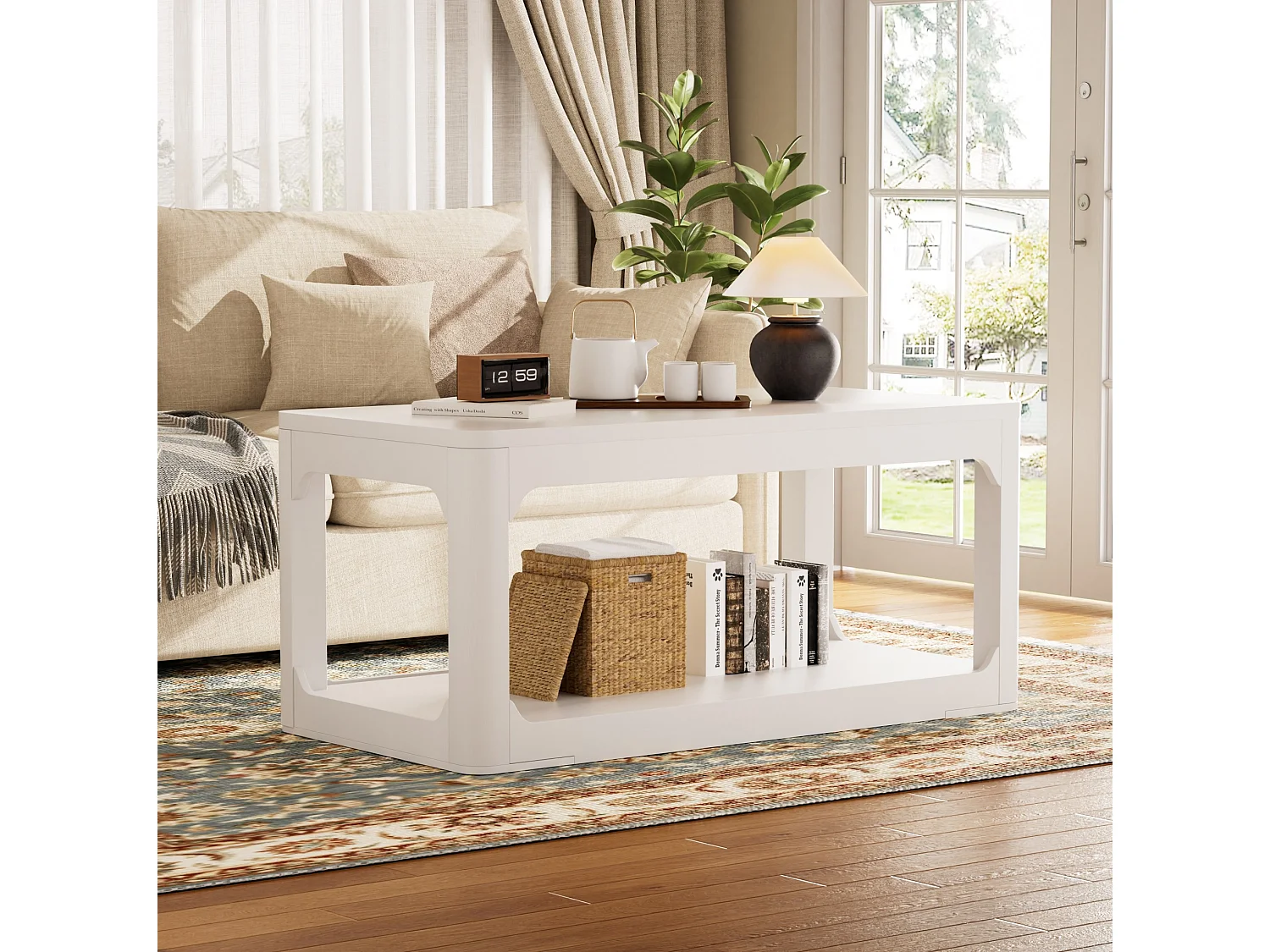 Mesa de centro branca de 100x50x44,5 cm com 2 níveis - Design simples e moderno