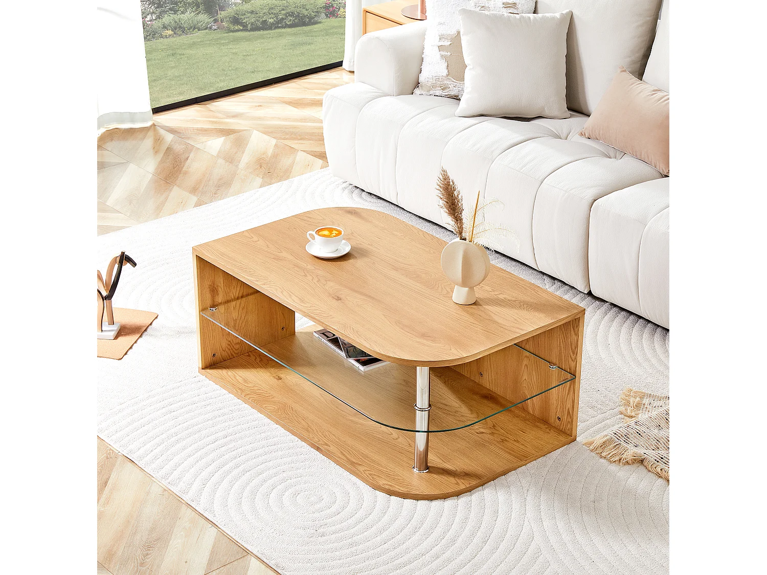 Soffbord 100 x 60 x 42 cm naturfärgad med förvaring - MDF och glas