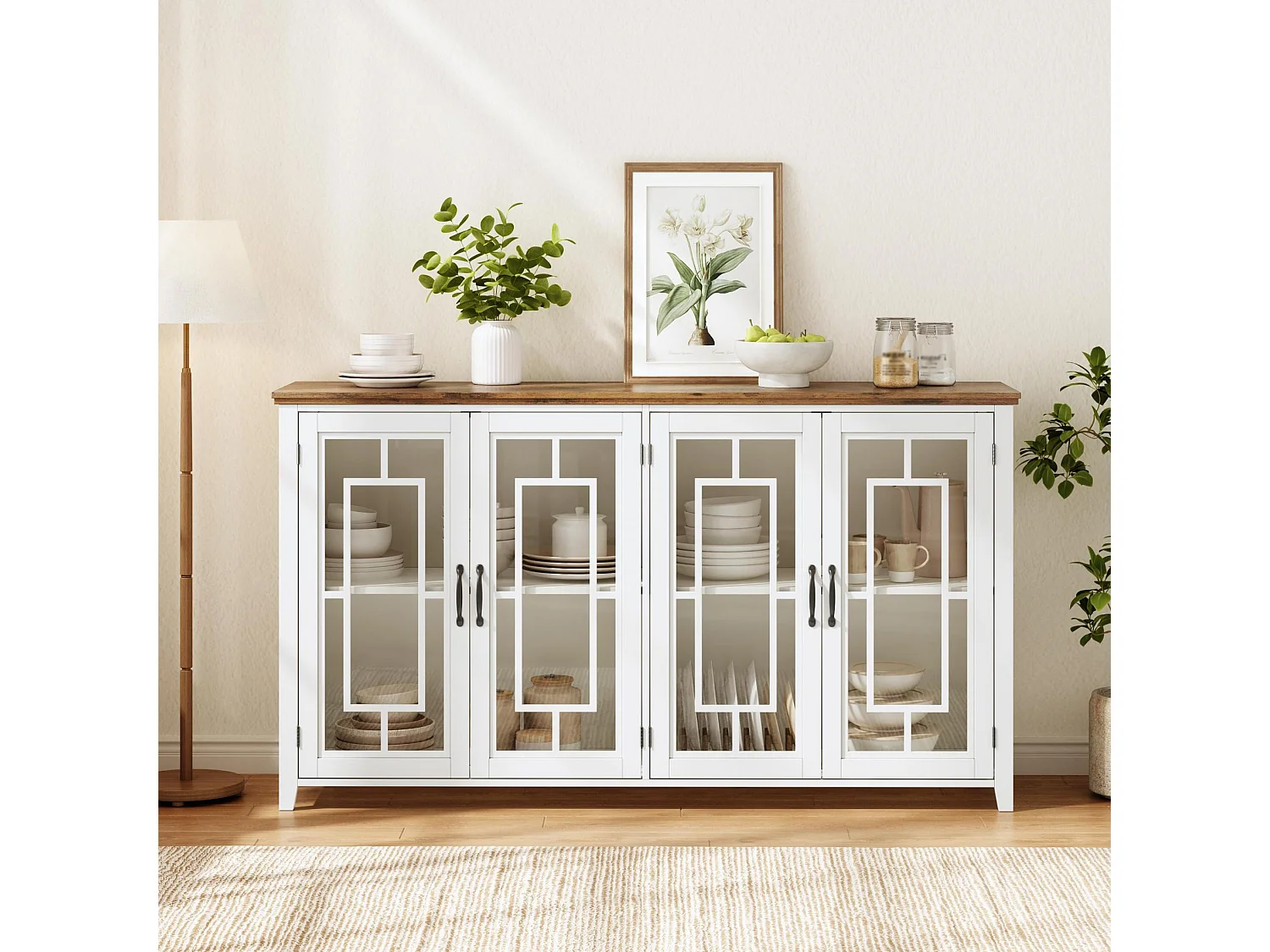 Buffet moderne avec 4 portes vitrées - Blanc 160 x 40 x 86 cm