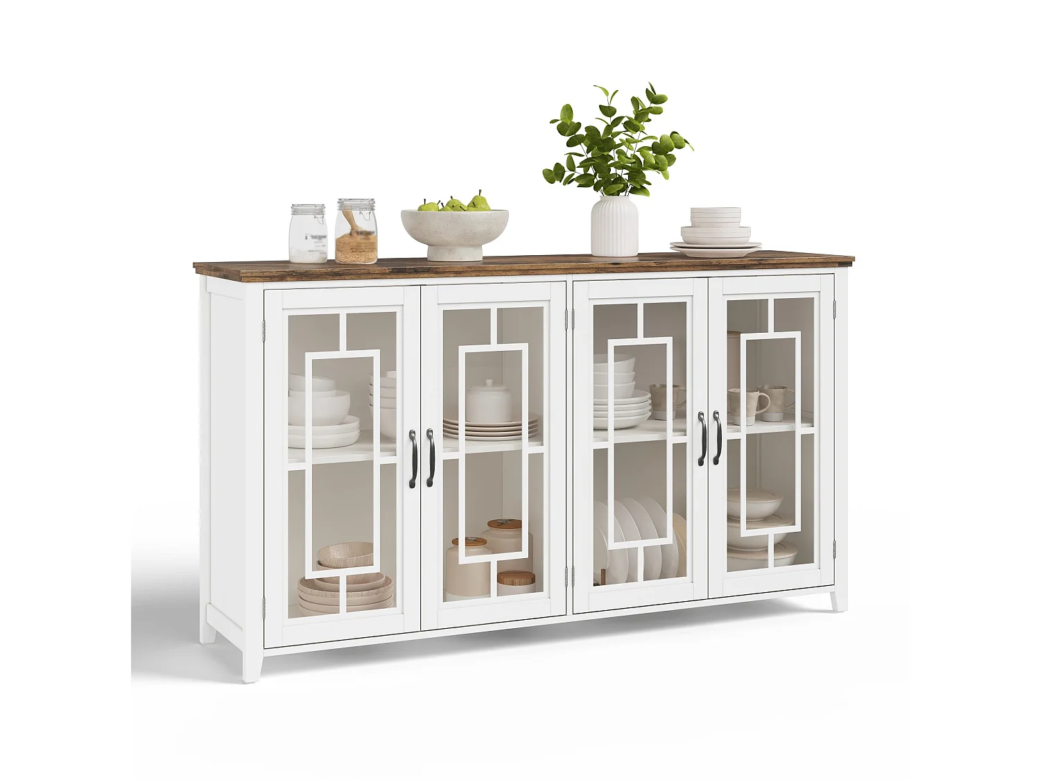 Buffet moderne avec 4 portes vitrées - Blanc 160 x 40 x 86 cm