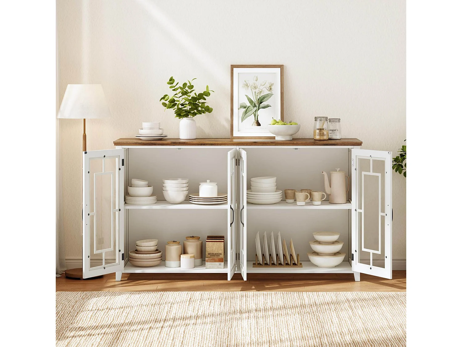 Buffet moderne avec 4 portes vitrées - Blanc 160 x 40 x 86 cm