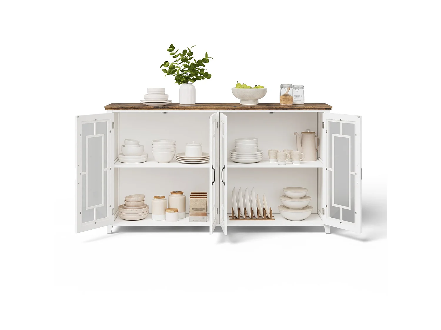 Buffet moderne avec 4 portes vitrées - Blanc 160 x 40 x 86 cm