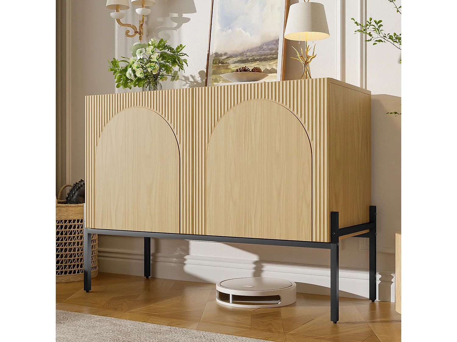 Aparador moderno de 100x40x75 cm con 2 puertas y patas metálicas - Color madera