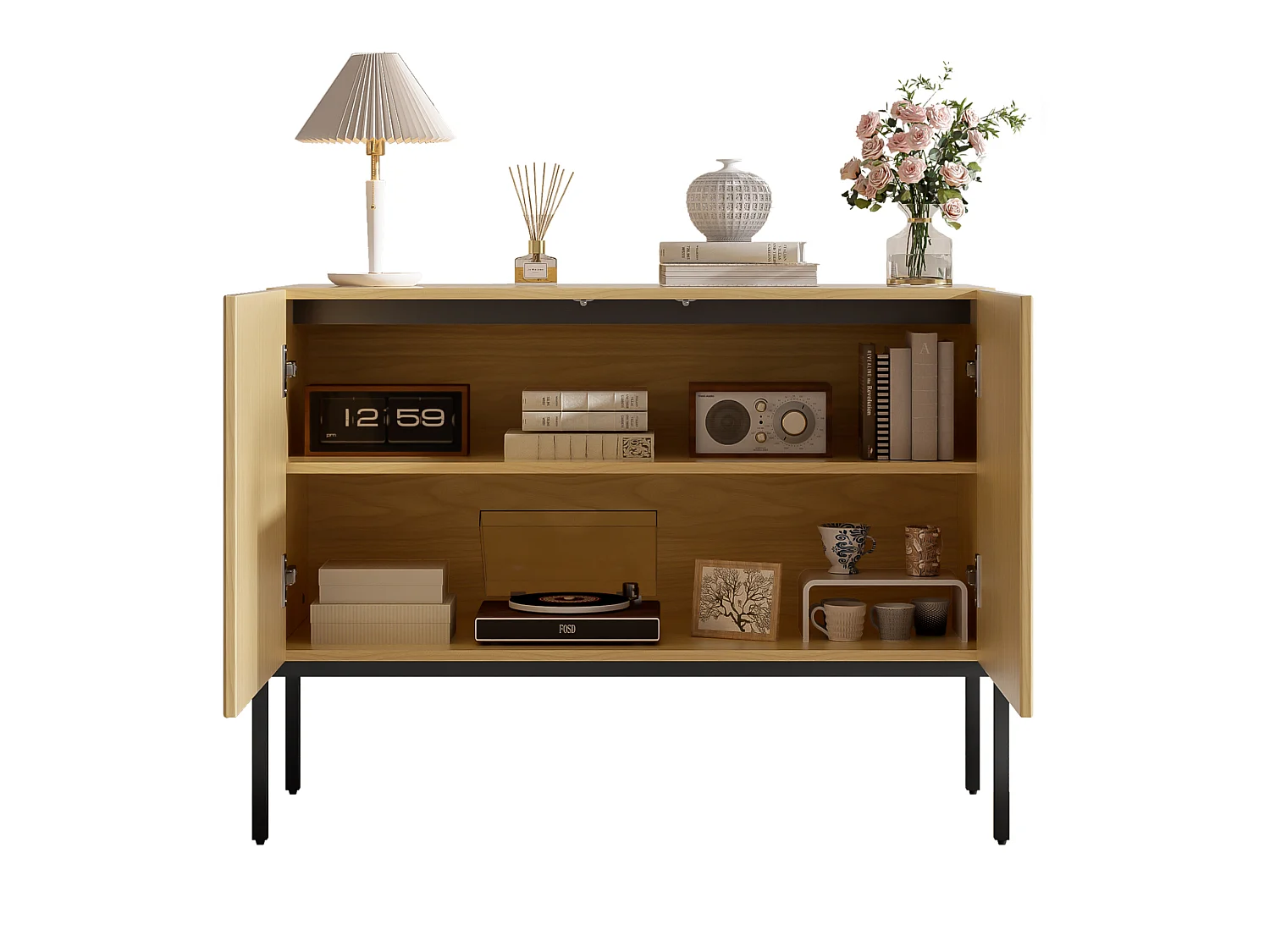 Aparador moderno de 100x40x75 cm con 2 puertas y patas metálicas - Color madera