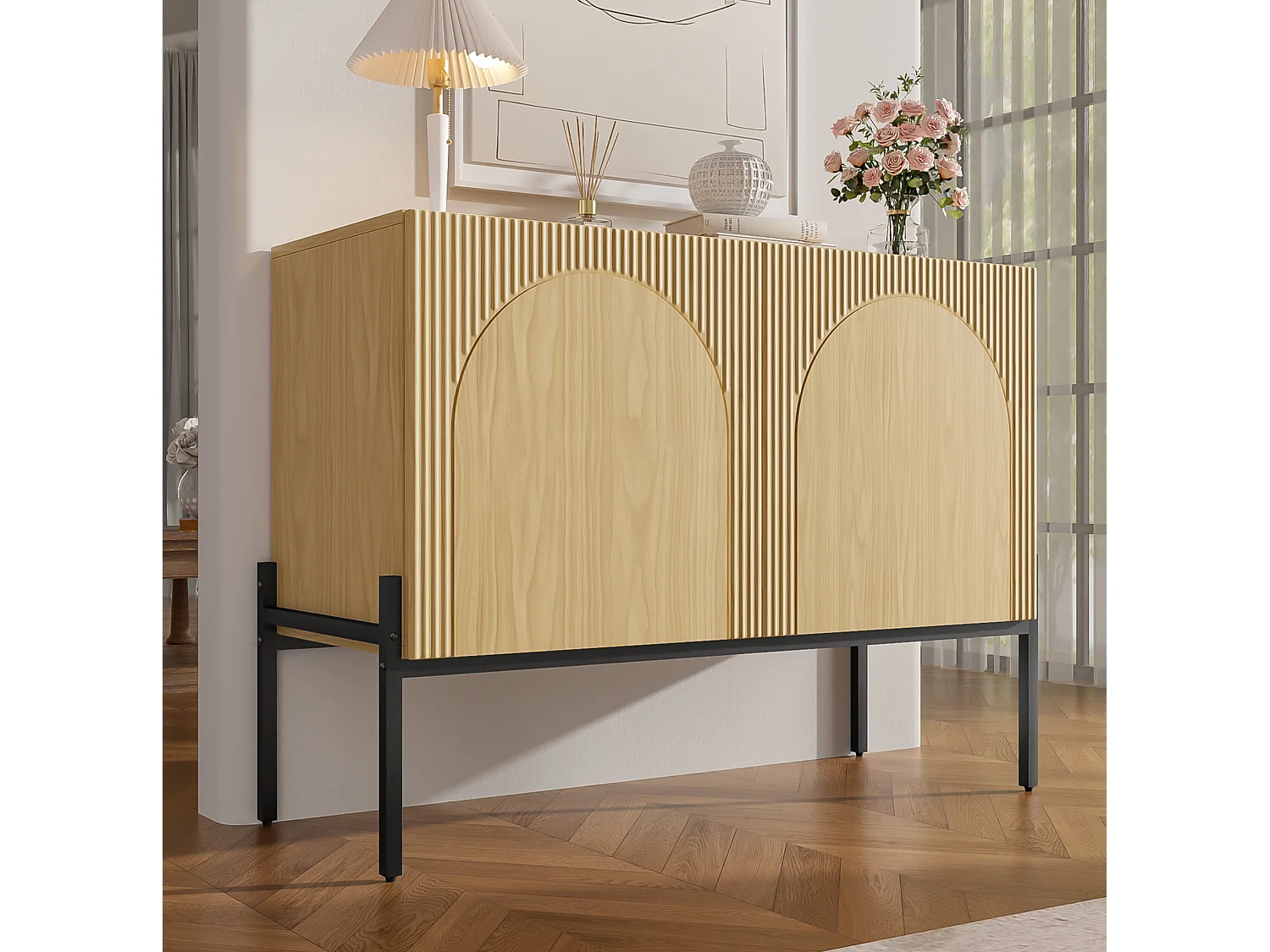Aparador moderno de 100x40x75 cm con 2 puertas y patas metálicas - Color madera