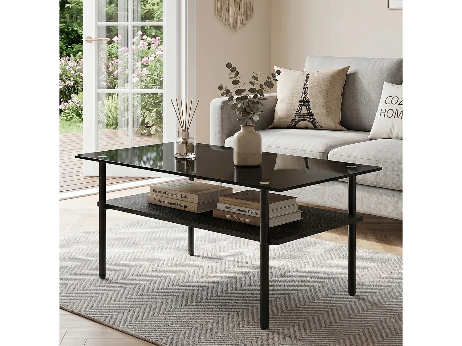 Table basse moderne 97.7 cm avec rangement - Plateau en verre - Noir