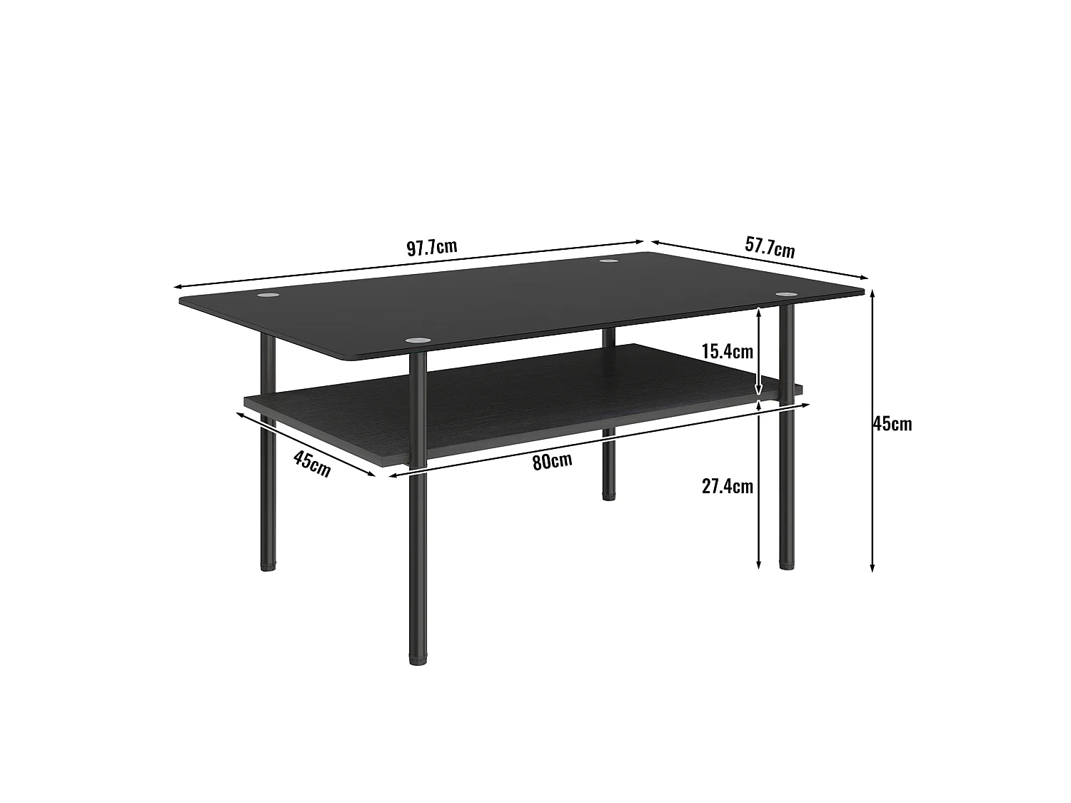 Table basse moderne 97.7 cm avec rangement - Plateau en verre - Noir