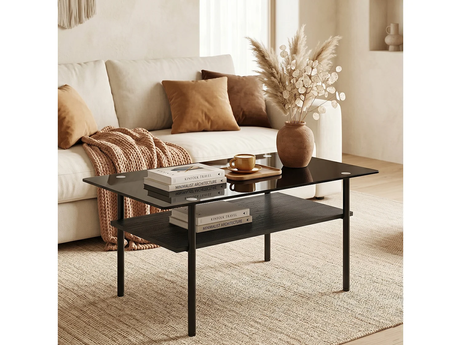 Table basse moderne 97.7 cm avec rangement - Plateau en verre - Noir