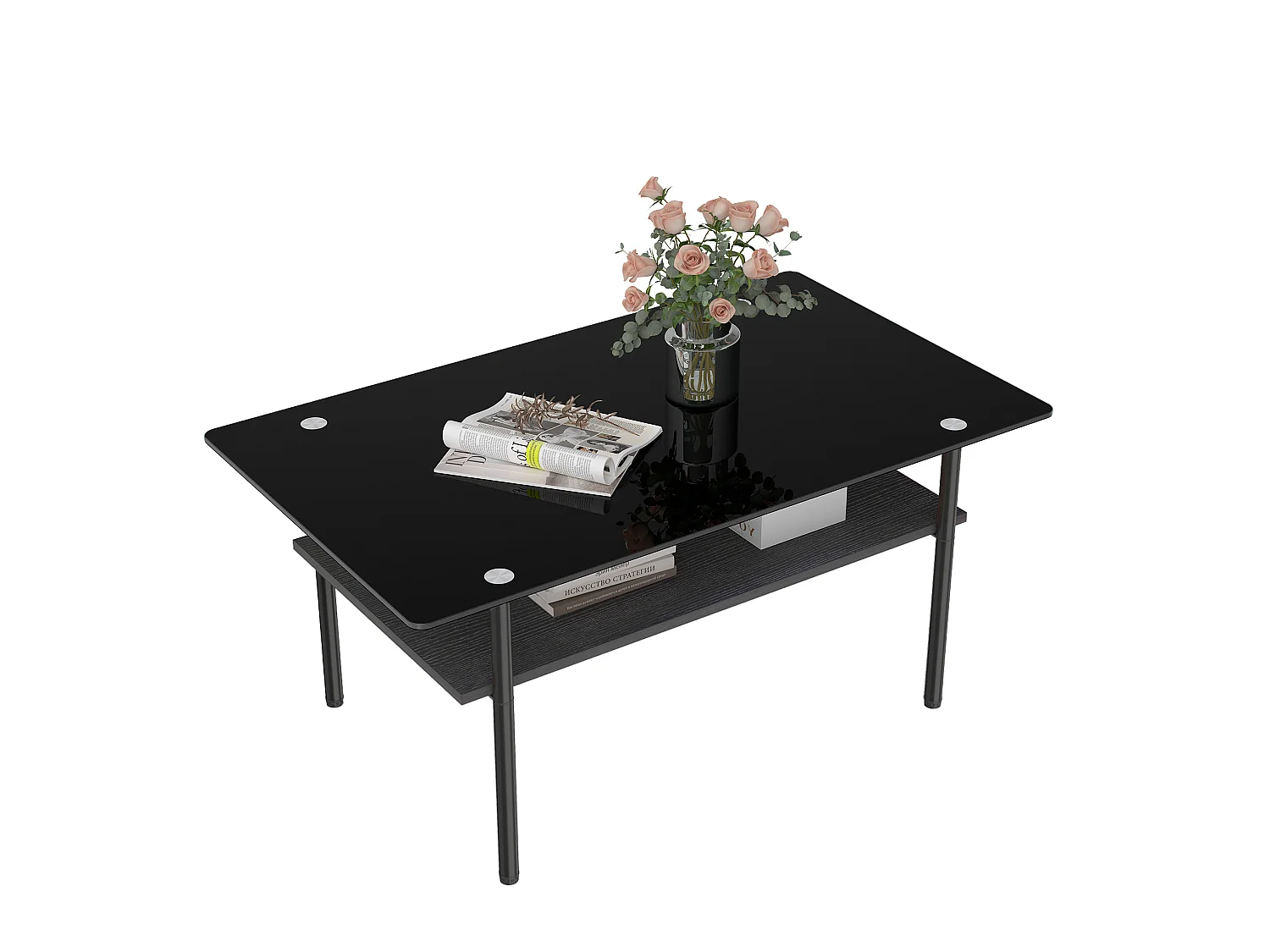 Table basse moderne 97.7 cm avec rangement - Plateau en verre - Noir