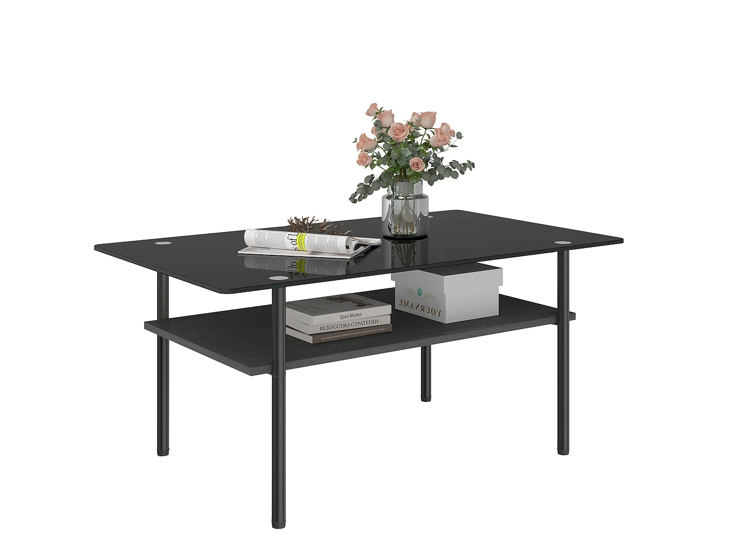 Table basse moderne 97.7 cm avec rangement - Plateau en verre - Noir