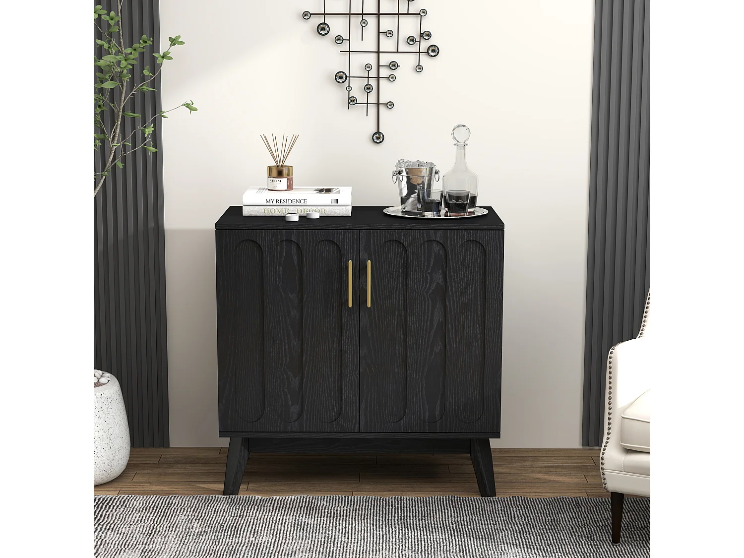 Buffet vintage en bois noir avec 2 portes et étagère réglable