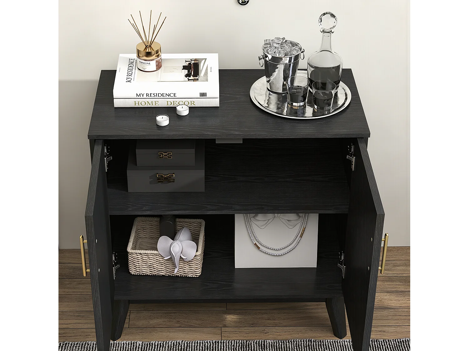 Buffet vintage en bois noir avec 2 portes et étagère réglable