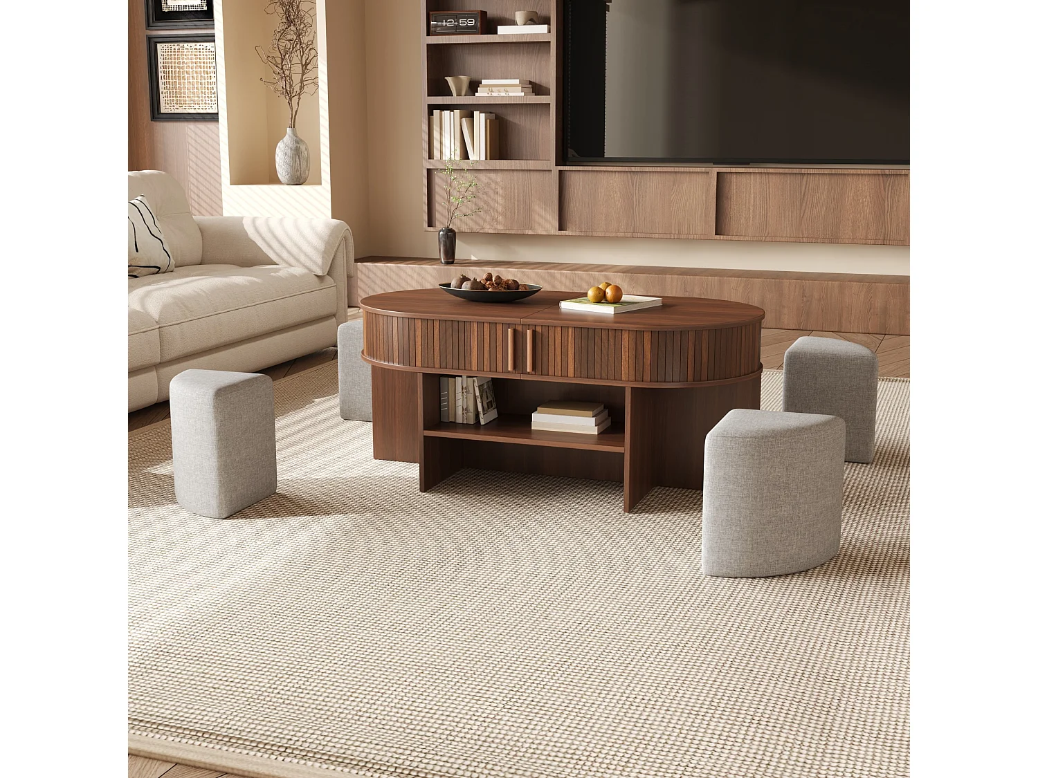Table basse ovale avec 4 tabourets en tissu - Marron