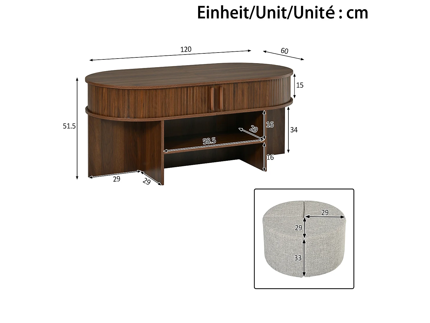 Table basse ovale avec 4 tabourets en tissu - Marron