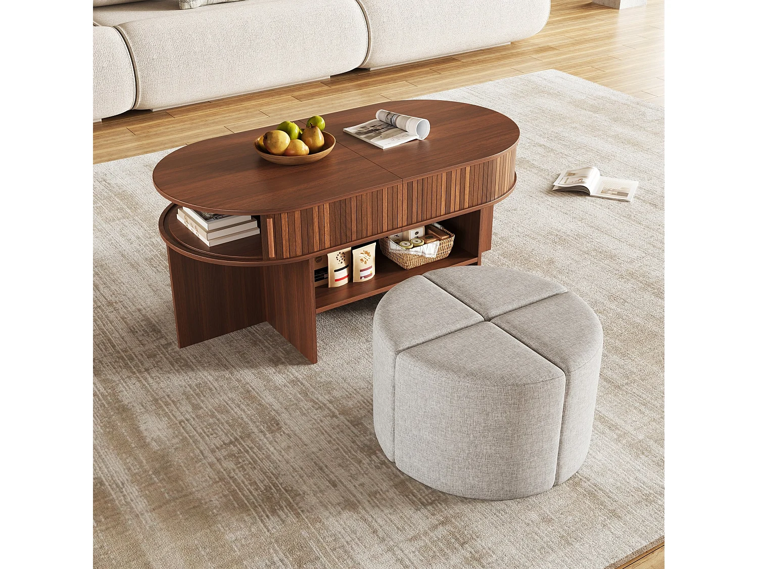 Table basse ovale avec 4 tabourets en tissu - Marron