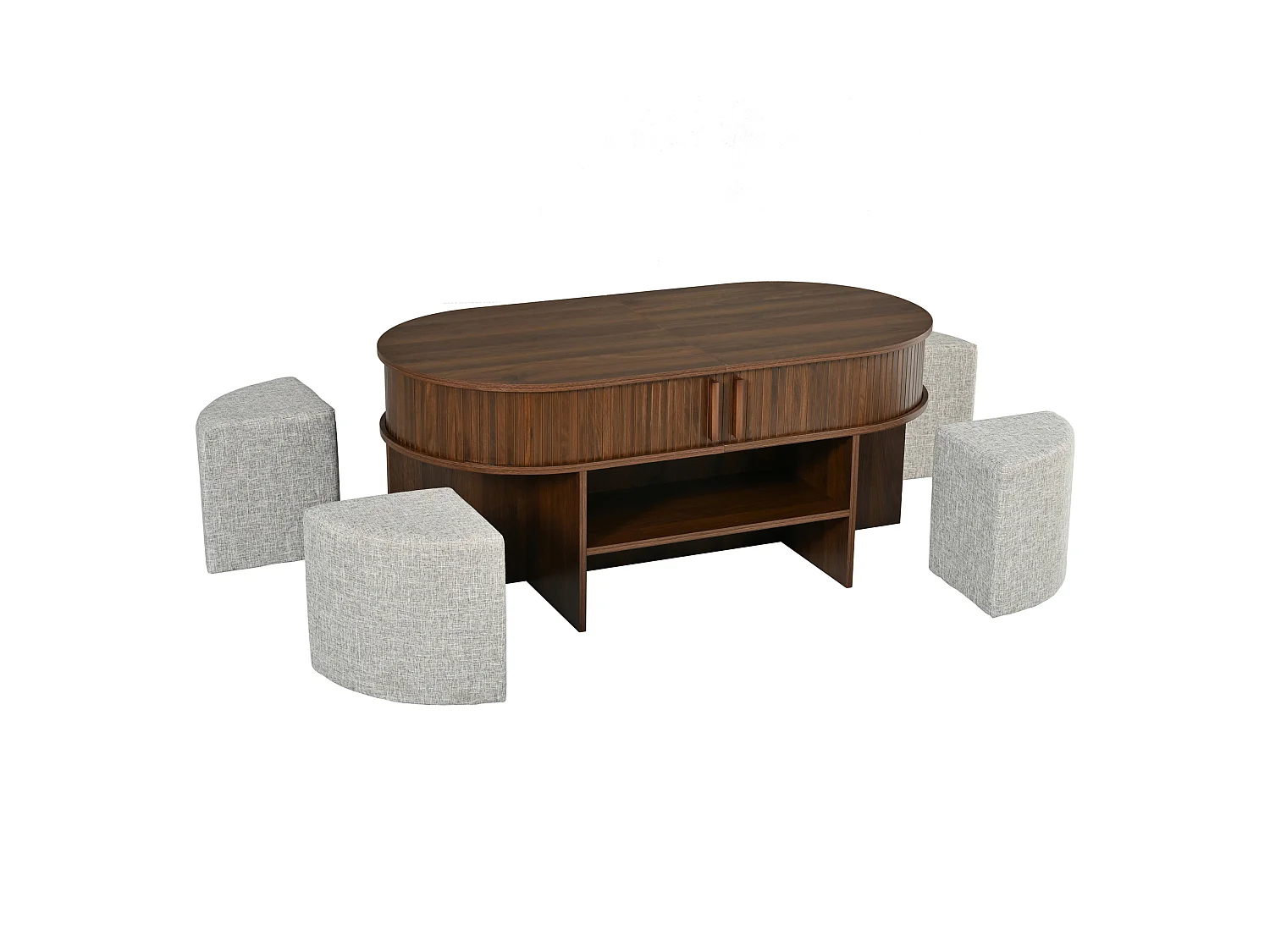 Table basse ovale avec 4 tabourets en tissu - Marron
