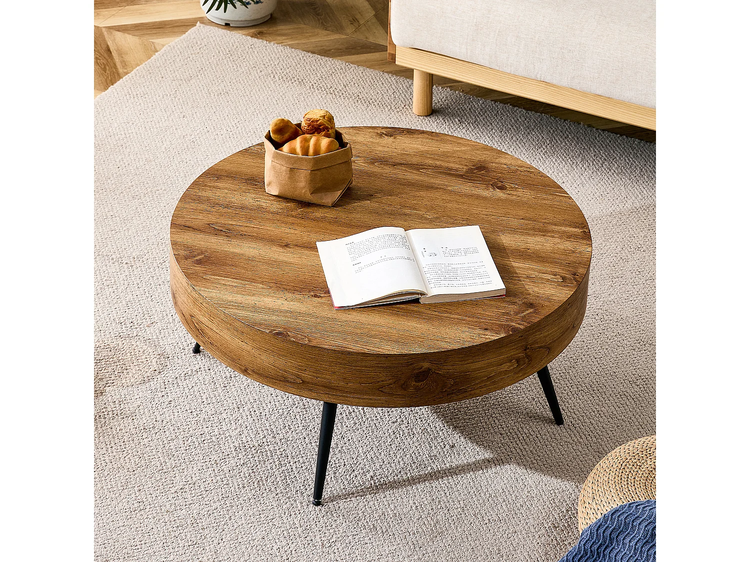 Table basse ronde 70x70 cm couleur bois - Pieds en métal noir