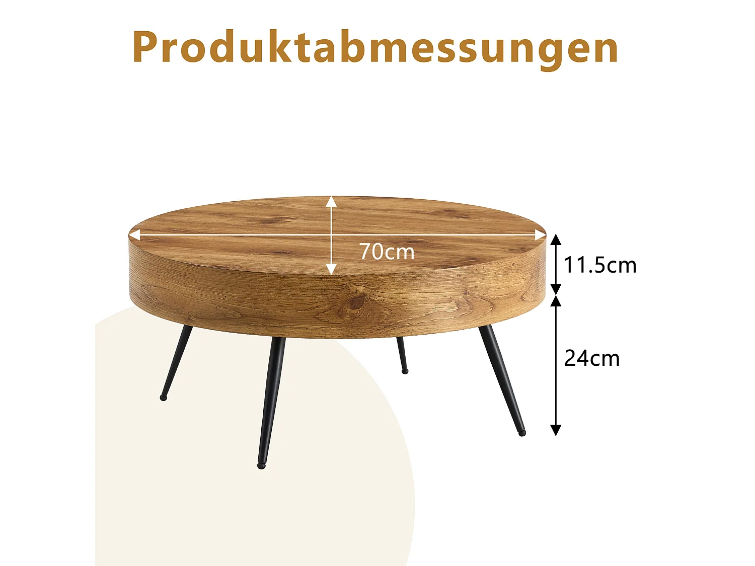 Table basse ronde 70x70 cm couleur bois - Pieds en métal noir