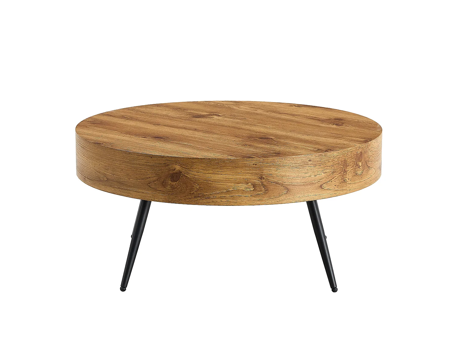 Table basse ronde 70x70 cm couleur bois - Pieds en métal noir