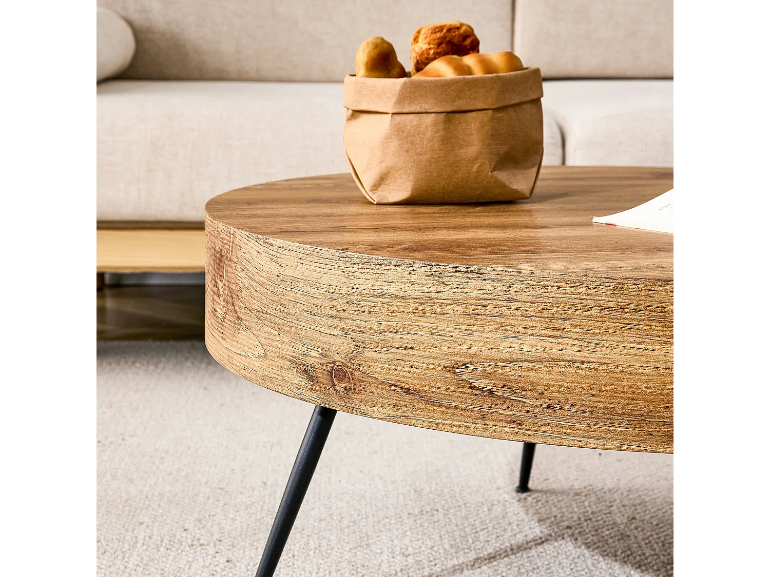 Table basse ronde 70x70 cm couleur bois - Pieds en métal noir