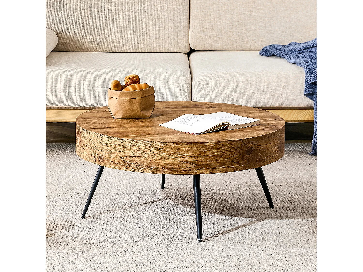 Table basse ronde 70x70 cm couleur bois - Pieds en métal noir