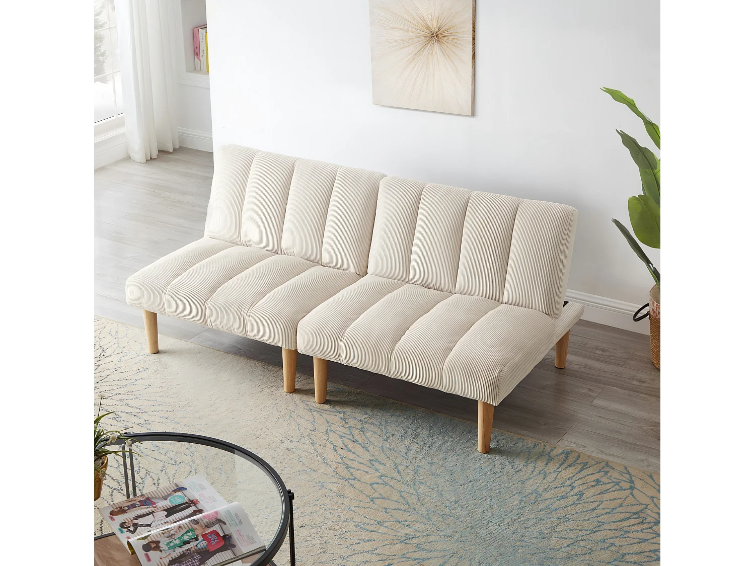 Canapé convertible 2 places beige, sans accoudoirs, dossier réglable, futon pliable, salon