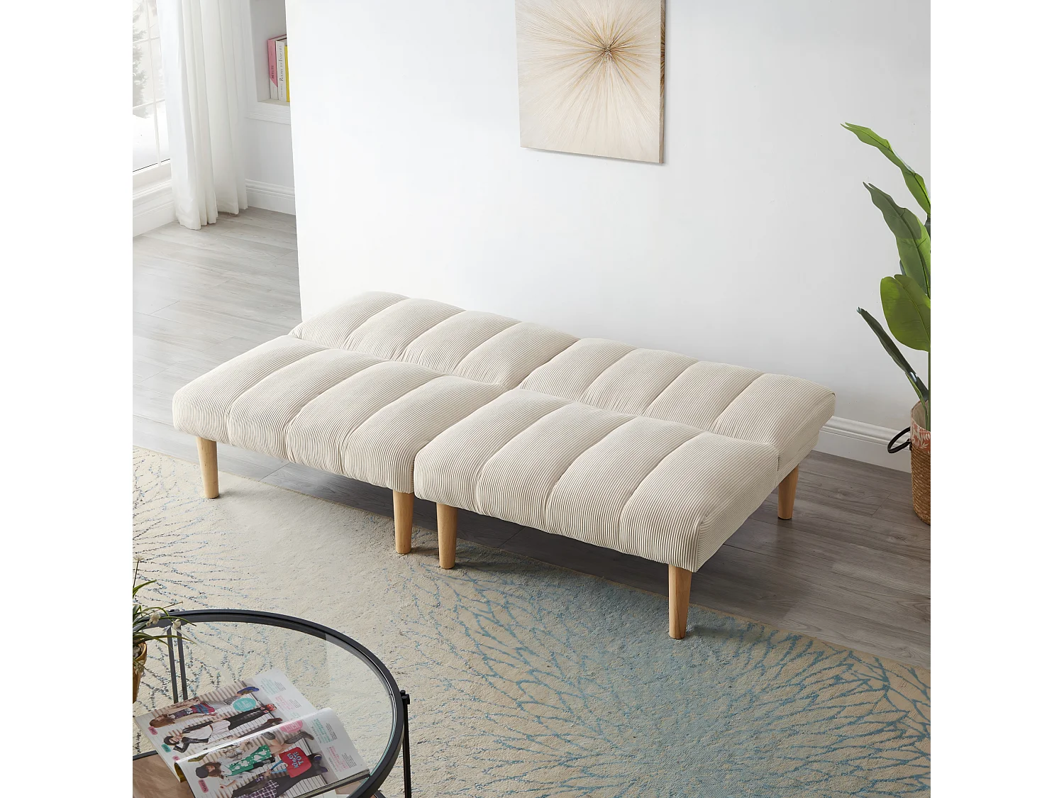 Canapé convertible 2 places beige, sans accoudoirs, dossier réglable, futon pliable, salon