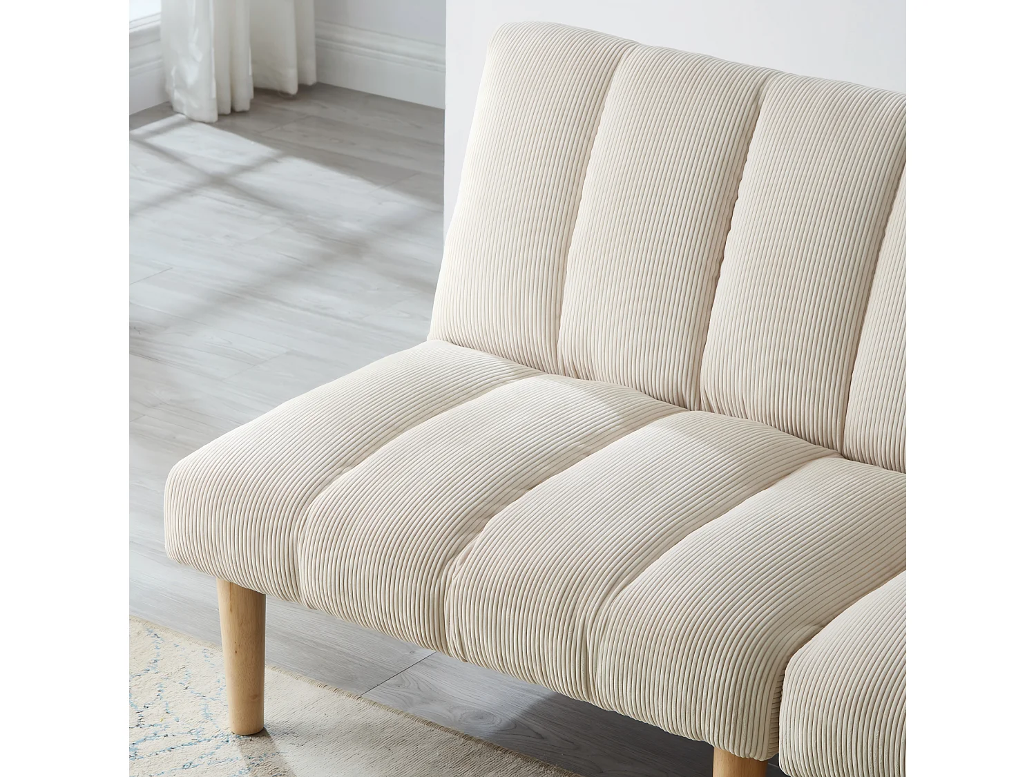 Canapé convertible 2 places beige, sans accoudoirs, dossier réglable, futon pliable, salon
