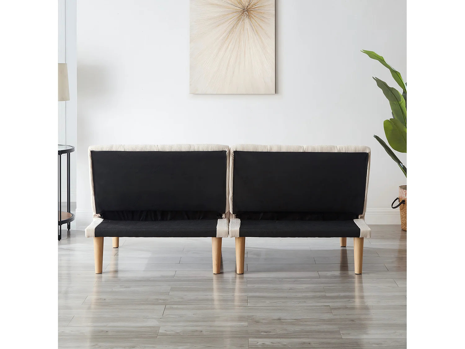 Canapé convertible 2 places beige, sans accoudoirs, dossier réglable, futon pliable, salon