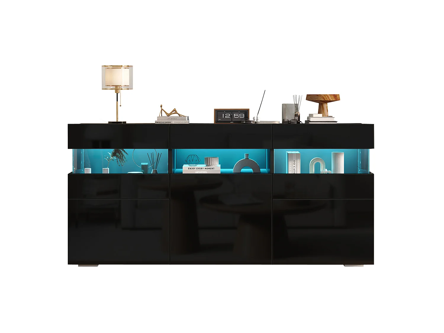 Credenza da soggiorno da 140 cm con 3 ante, finitura lucida e illuminazione a LED - Nera