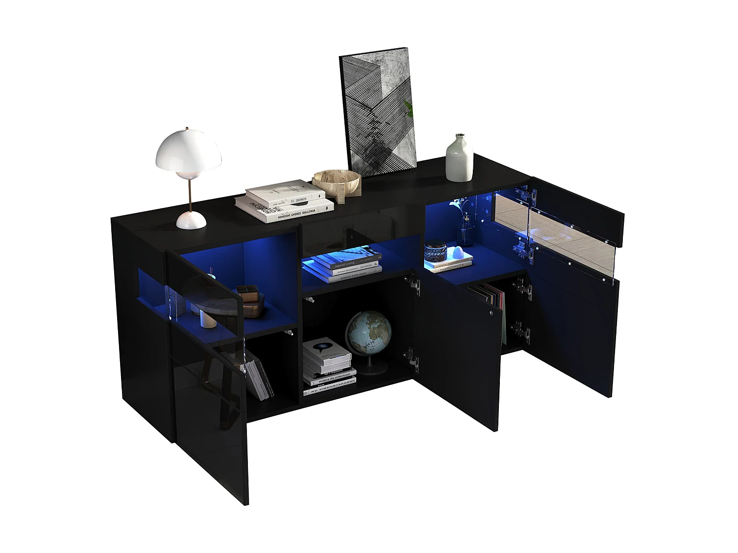 Credenza da soggiorno da 140 cm con 3 ante, finitura lucida e illuminazione a LED - Nera
