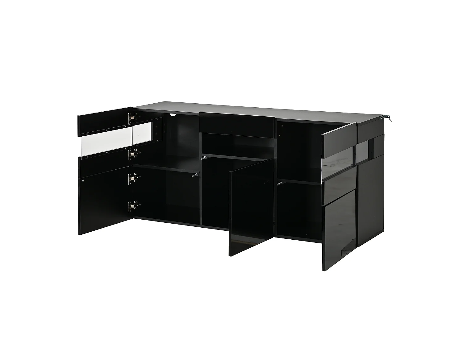 Credenza da soggiorno da 140 cm con 3 ante, finitura lucida e illuminazione a LED - Nera