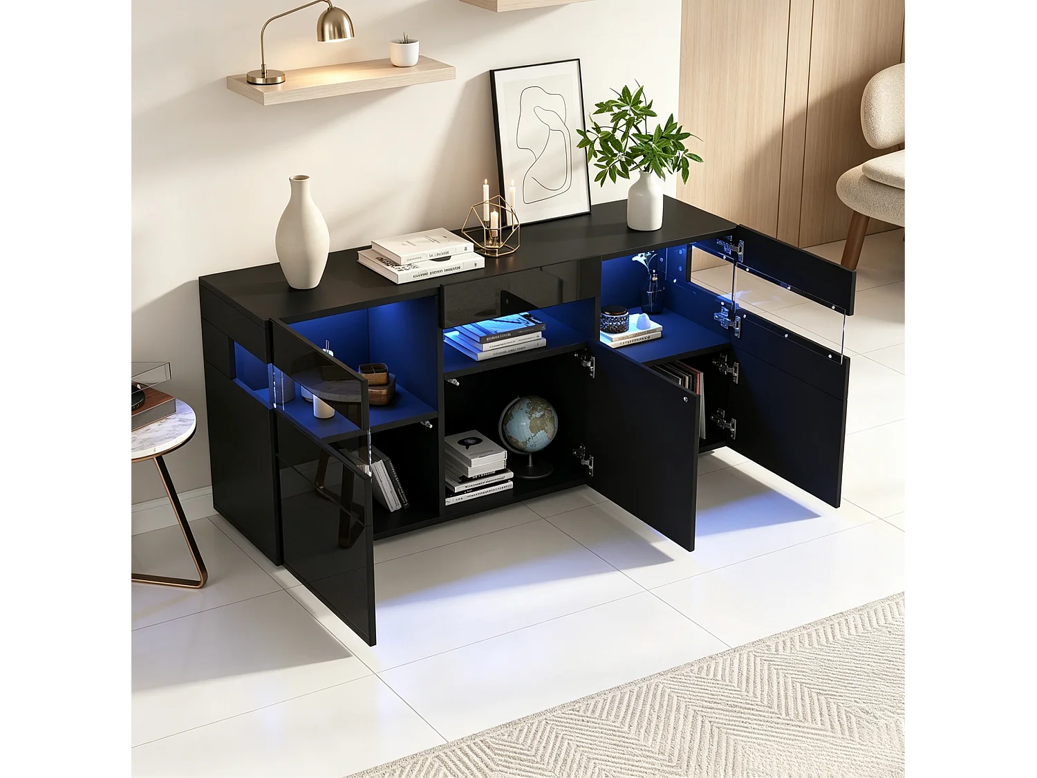 Credenza da soggiorno da 140 cm con 3 ante, finitura lucida e illuminazione a LED - Nera