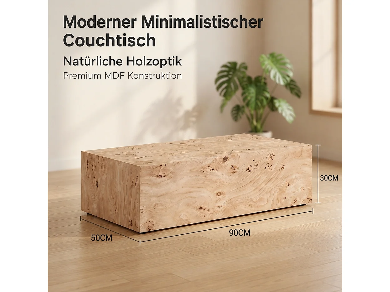 Table basse rectangulaire 90x50x30 cm naturel - Bois en MDF