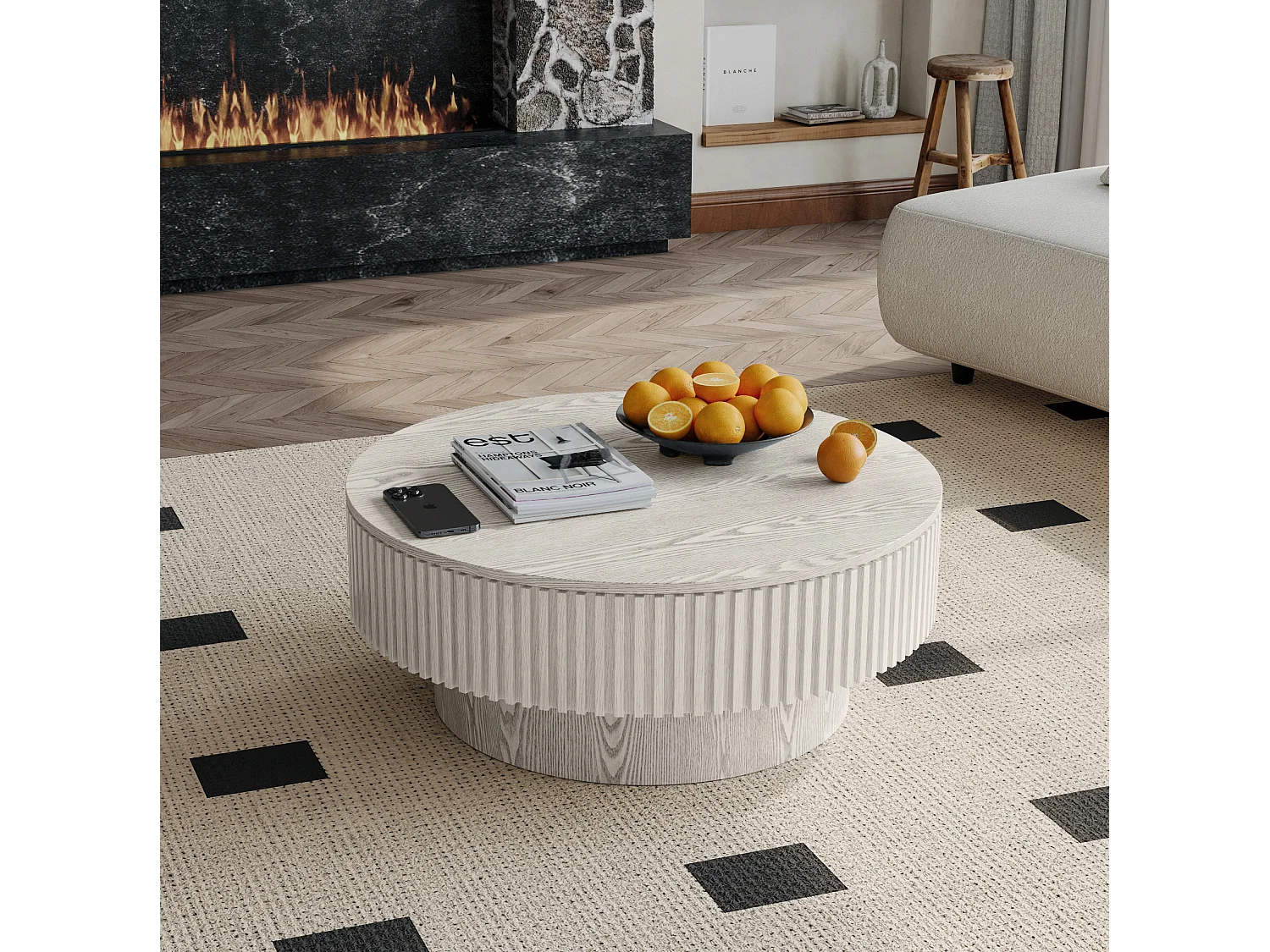 Tavolino rotondo da 75 cm in legno bianco stile retrò con vano contenitore - Piano effetto legno
