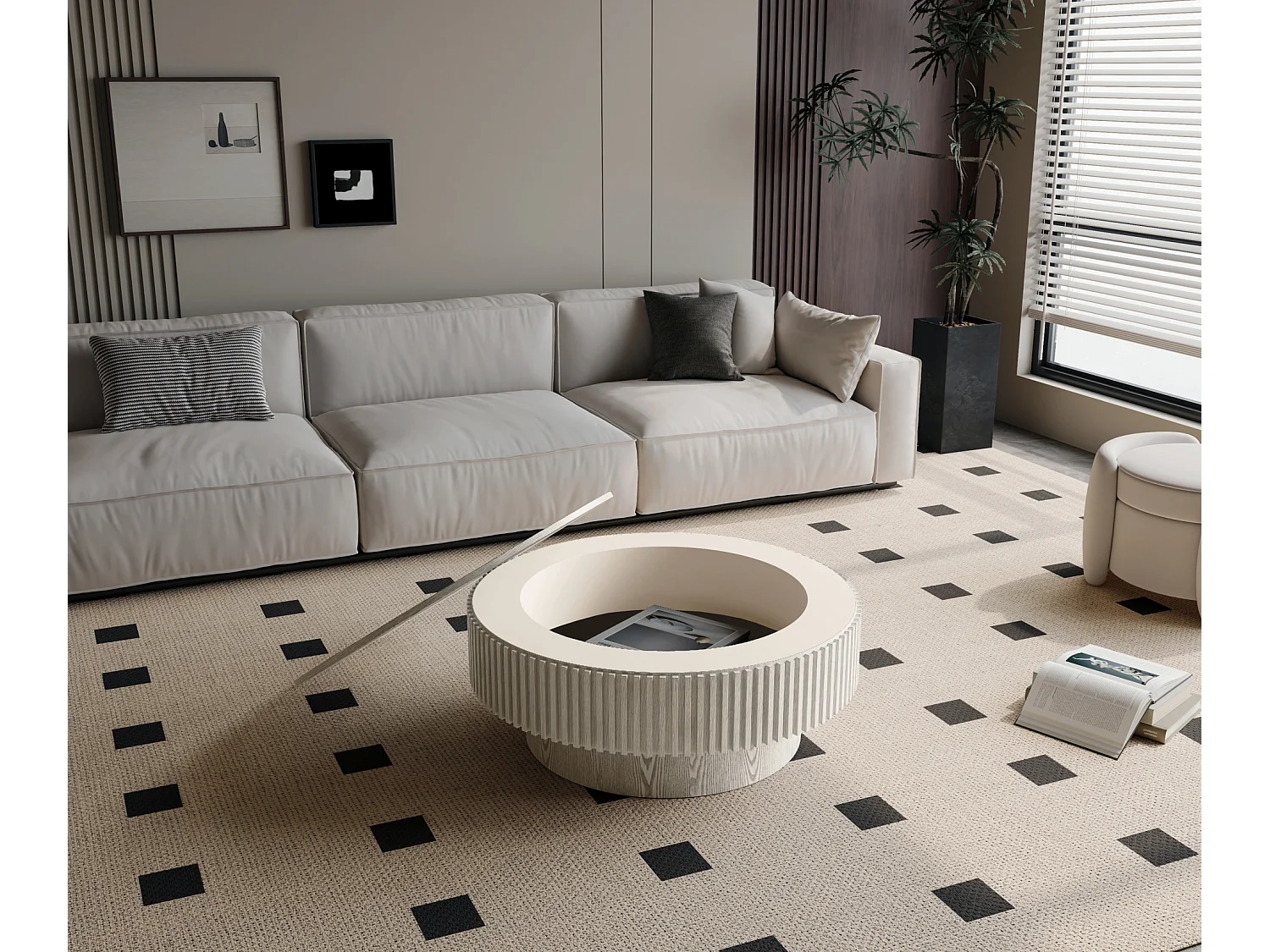Tavolino rotondo da 75 cm in legno bianco stile retrò con vano contenitore - Piano effetto legno