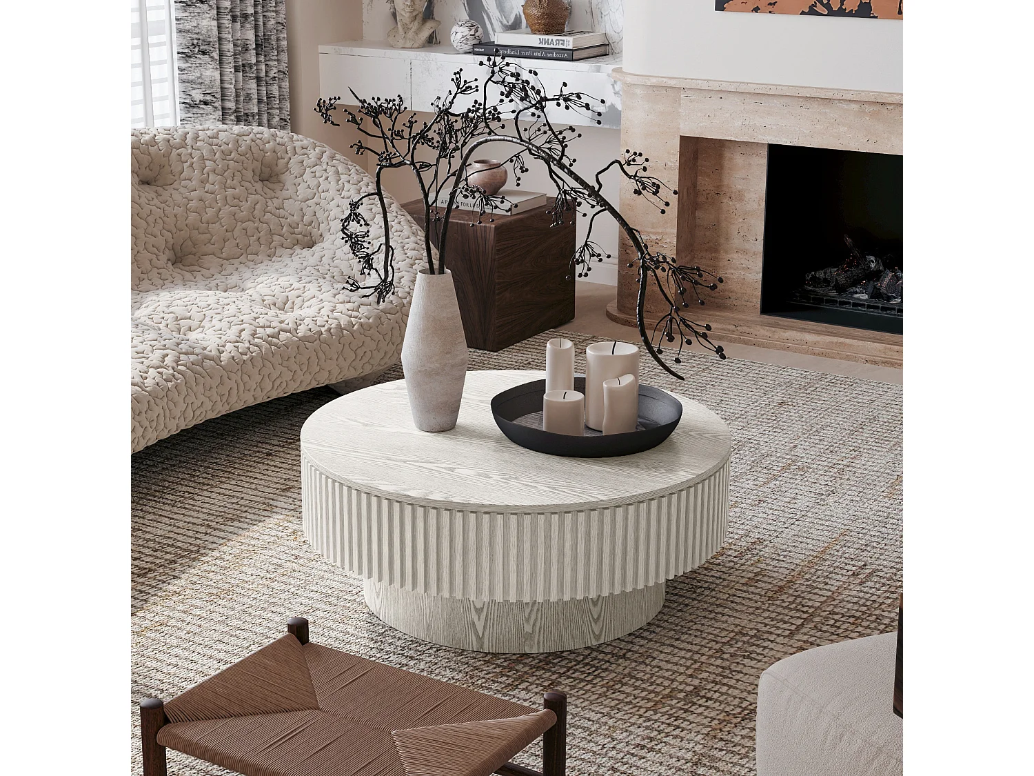 Tavolino rotondo da 75 cm in legno bianco stile retrò con vano contenitore - Piano effetto legno
