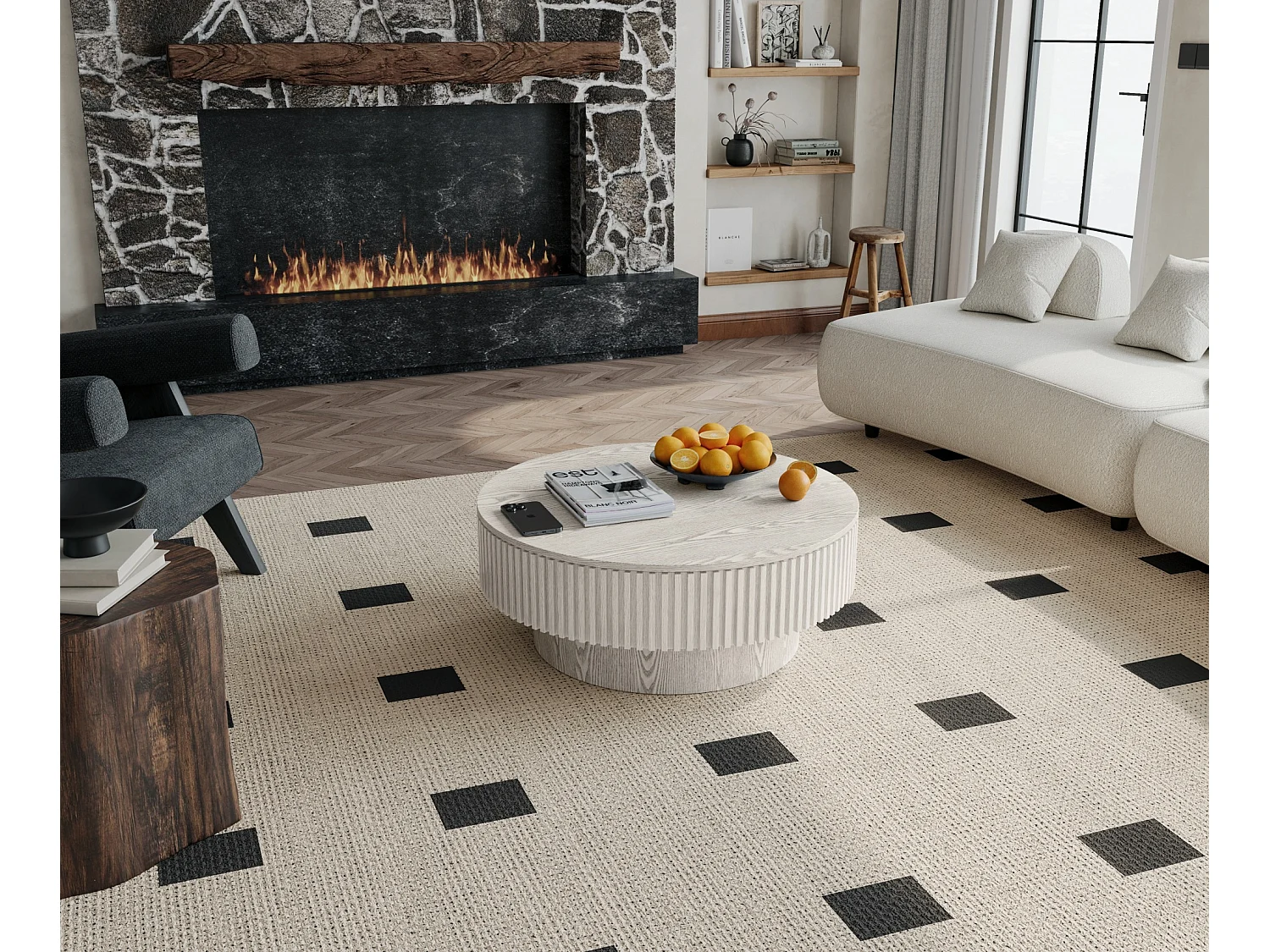 Tavolino rotondo da 75 cm in legno bianco stile retrò con vano contenitore - Piano effetto legno