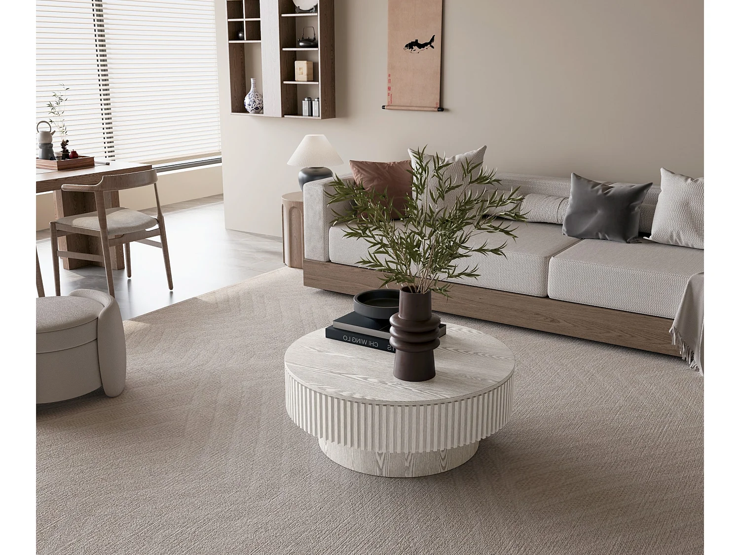 Tavolino rotondo da 75 cm in legno bianco stile retrò con vano contenitore - Piano effetto legno