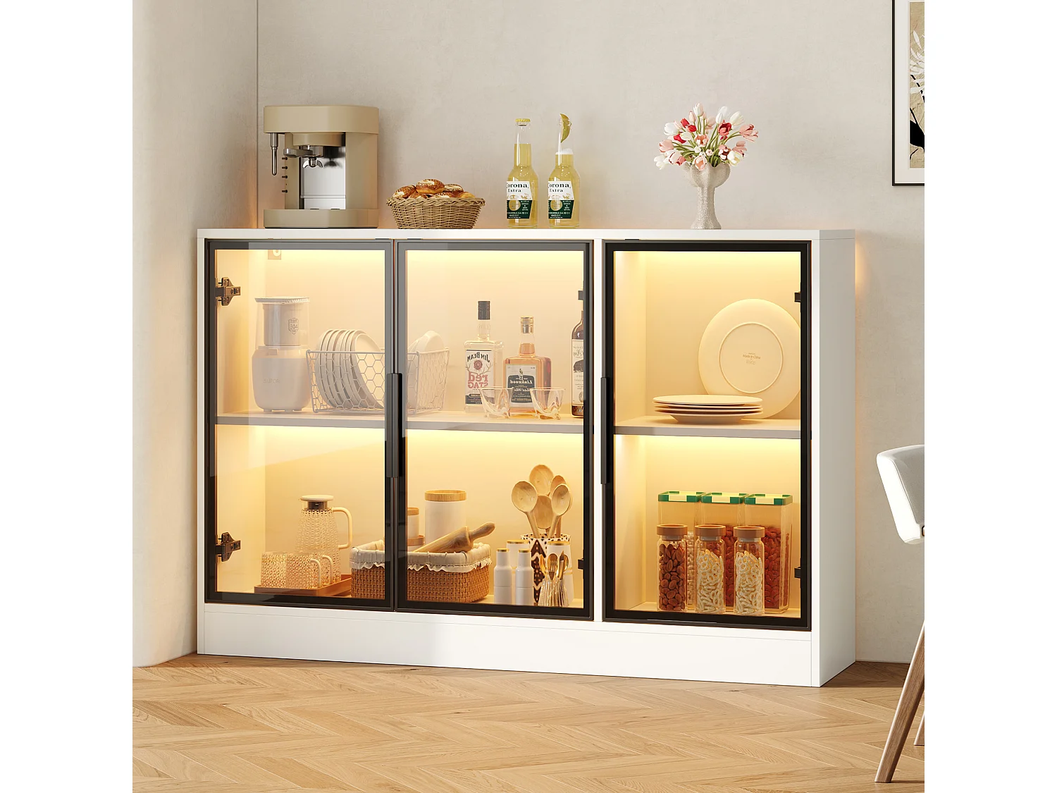Credenza bianca a LED con 3 ante in vetro - 120 x 30 x 73 cm