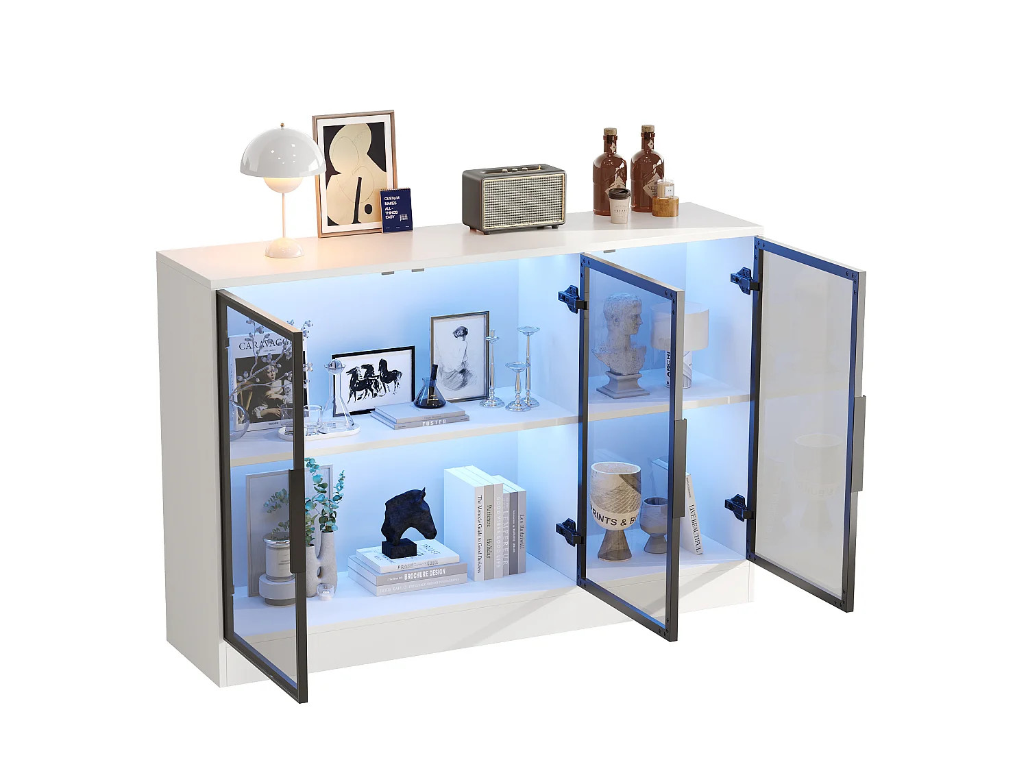 Credenza bianca a LED con 3 ante in vetro - 120 x 30 x 73 cm