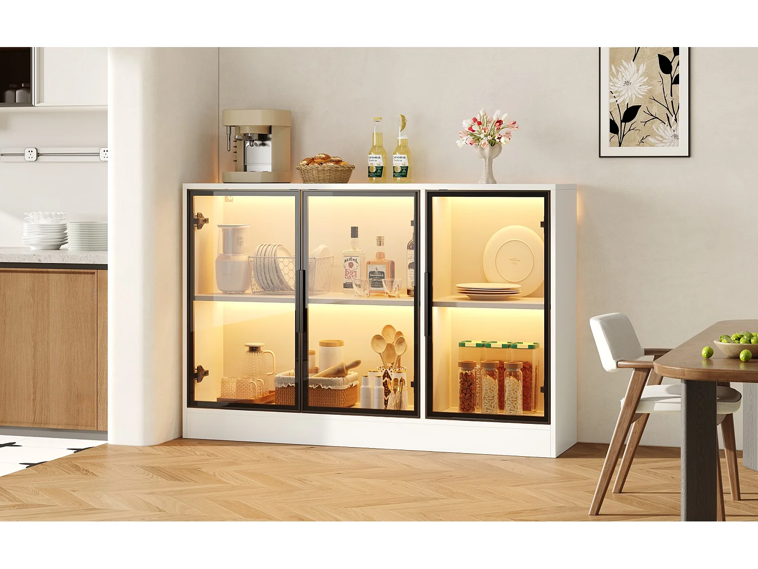Credenza bianca a LED con 3 ante in vetro - 120 x 30 x 73 cm